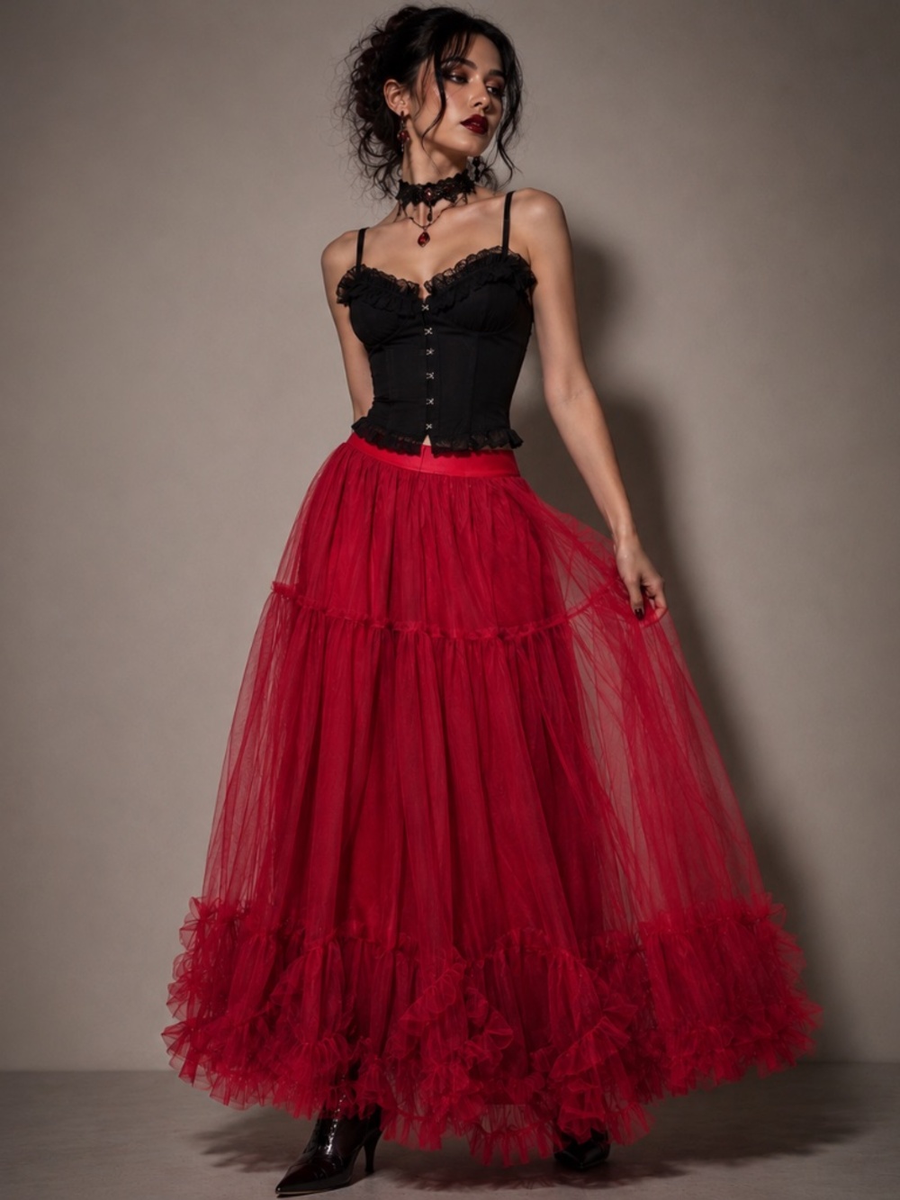 STUNNING Cherry Red Tiered Ruffle Tulle Maxi Skirt Sz S - Vampire Whimsigoth